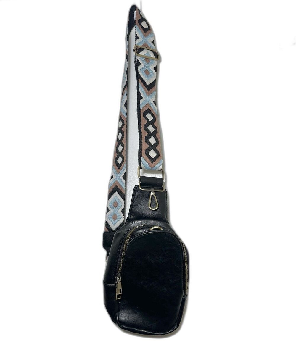 Zenana Vegan Leather Sling Crossbody Bag Black Aztec Strap Chest Pack Boho